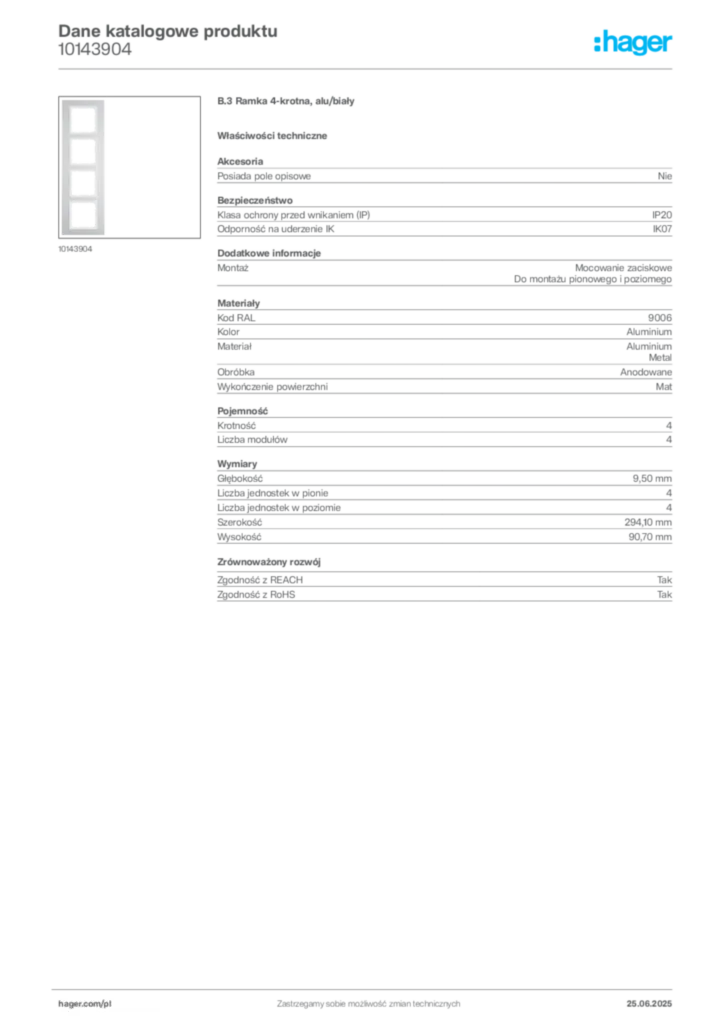 Zdjęcie Hager Karta katalogowa 10143904 | Hager Polska