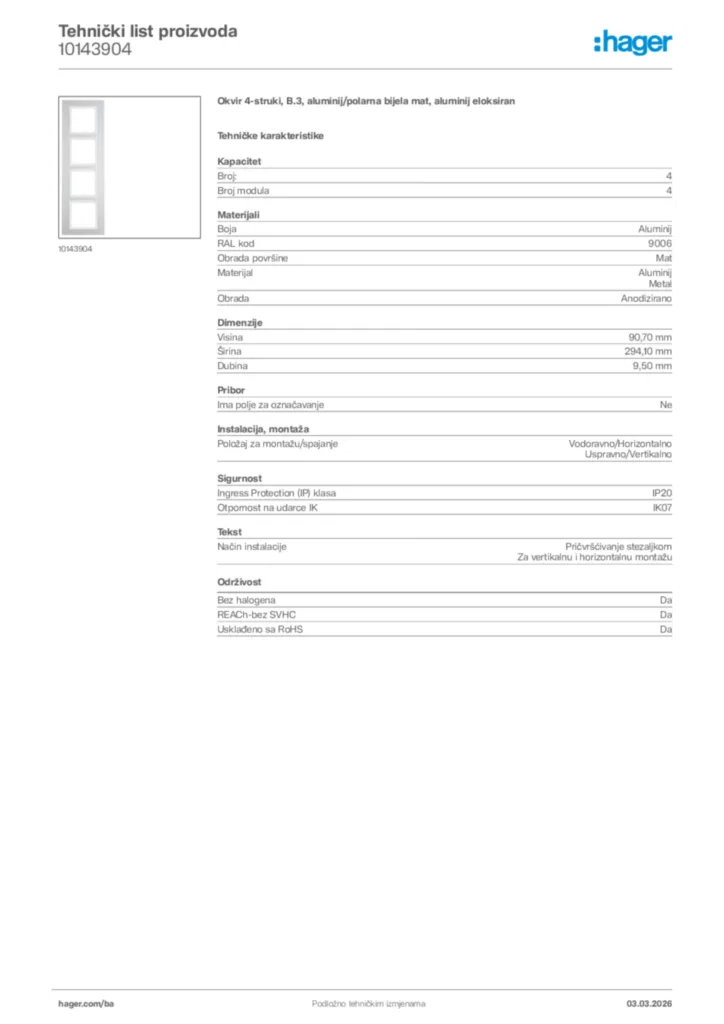Slika Hager Tehnički list proizvoda 10143904  | Hager