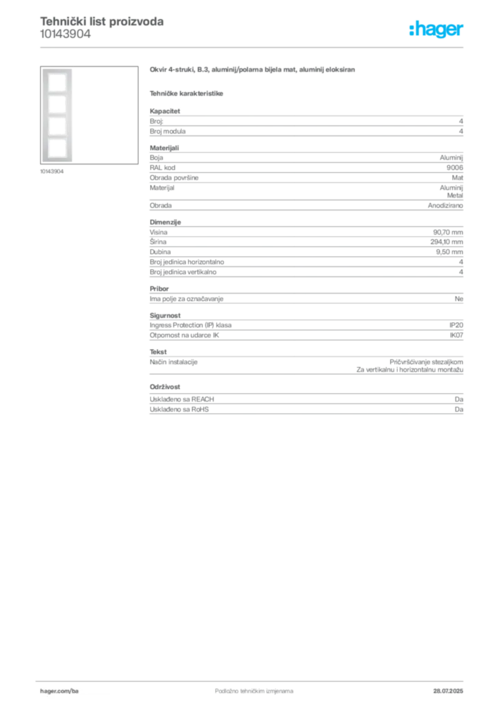 Slika Hager Product data sheet 10143904  | Hager