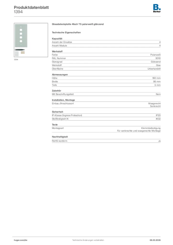 Bild Berker Produktdatenblatt 1394 | Hager Deutschland