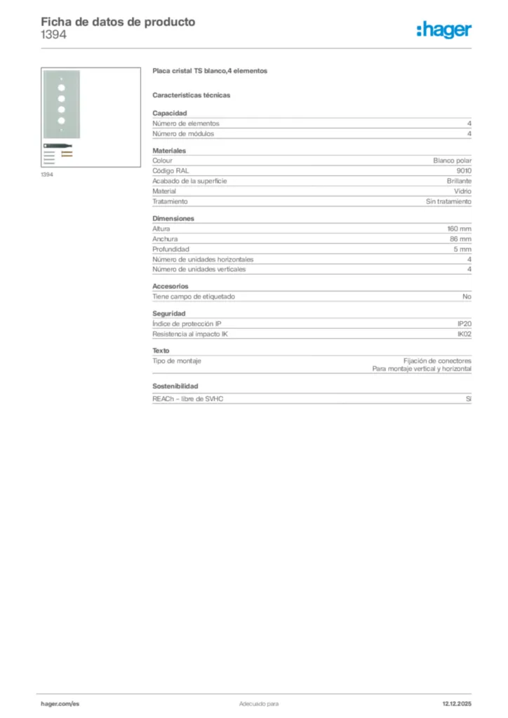 Imagen Hager Ficha de datos de producto 1394 | Hager España