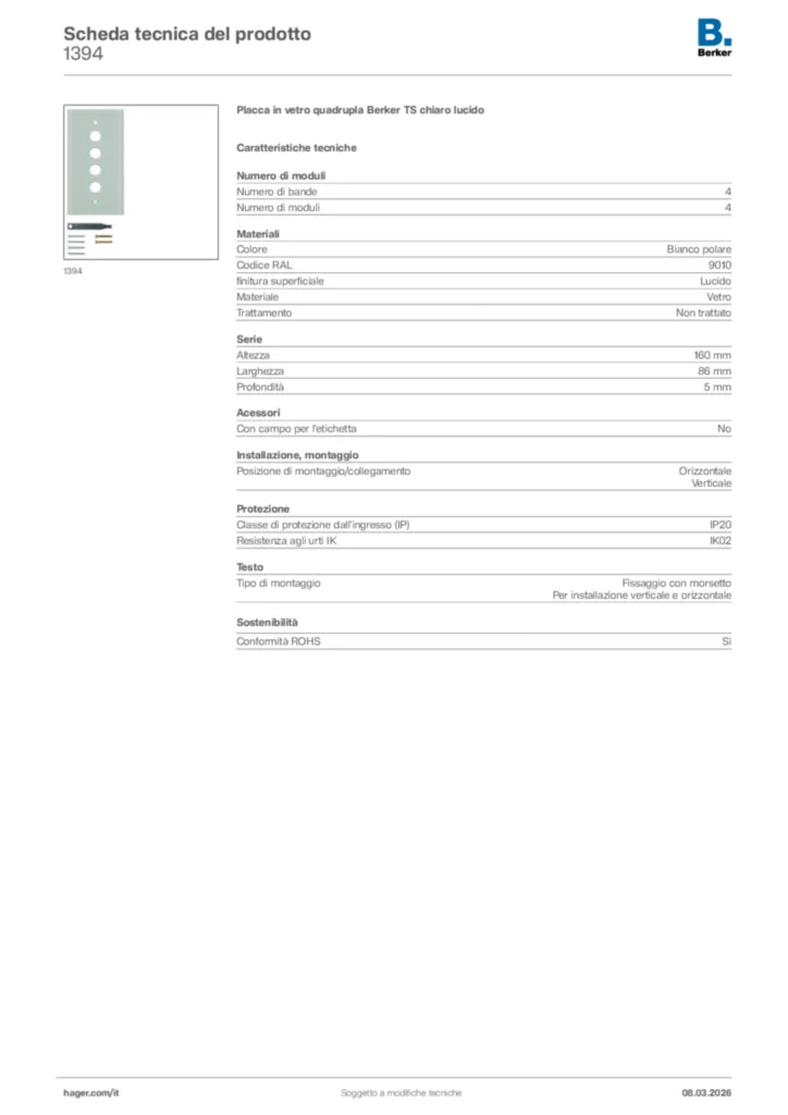Immagine Berker Scheda tecnica del prodotto 1394 | Hager Italia