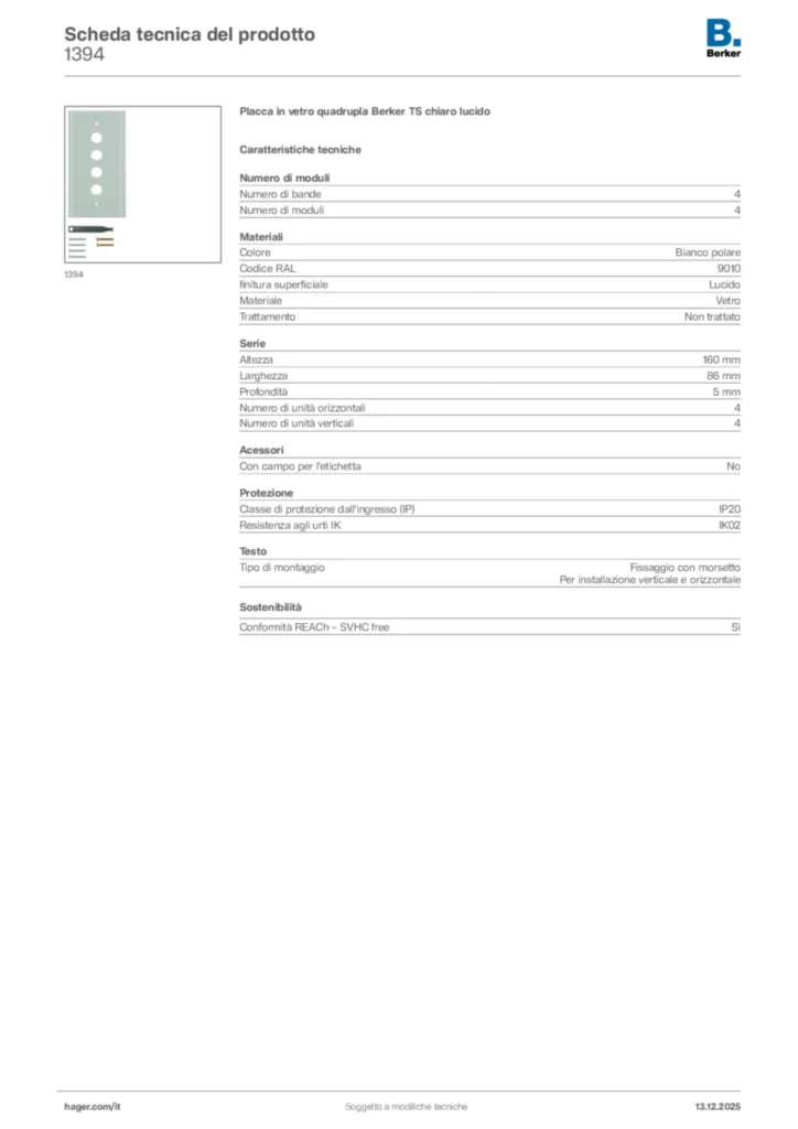 Immagine Berker Scheda tecnica del prodotto 1394 | Hager Italia
