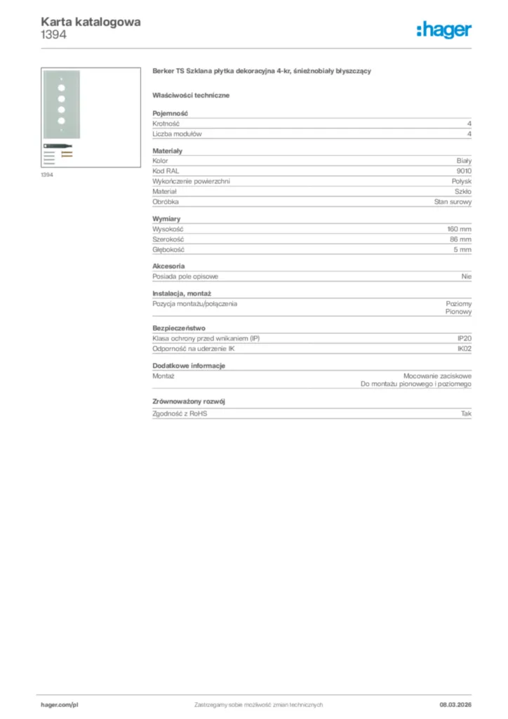 Zdjęcie Hager Karta katalogowa 1394 | Hager Polska