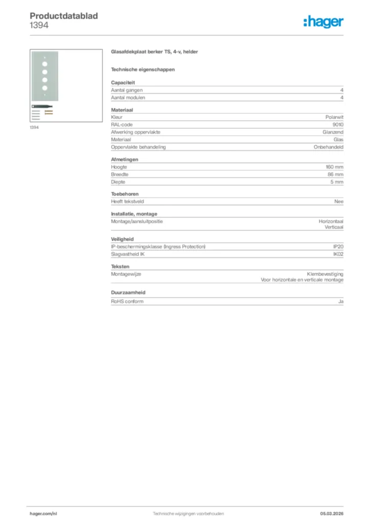 Afbeelding Hager Productdatablad 1394 | Hager Nederland