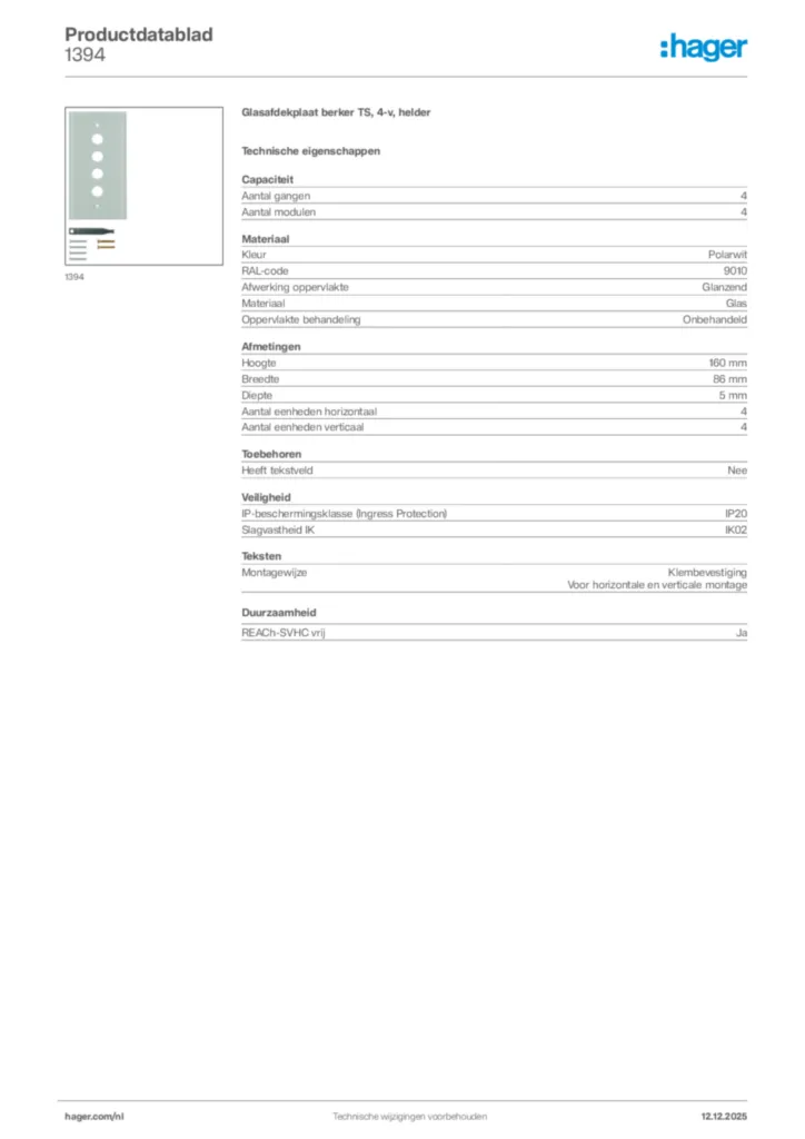 Afbeelding Hager Productdatablad 1394 | Hager Nederland
