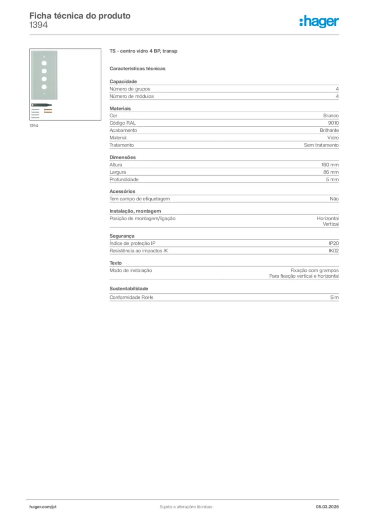 Imagem Hager Ficha técnica do produto 1394 | Hager Portugal