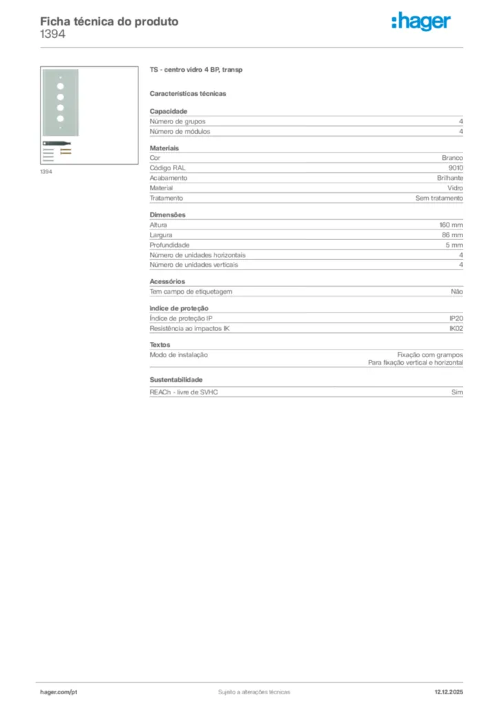Imagem Hager Ficha técnica do produto 1394 | Hager Portugal