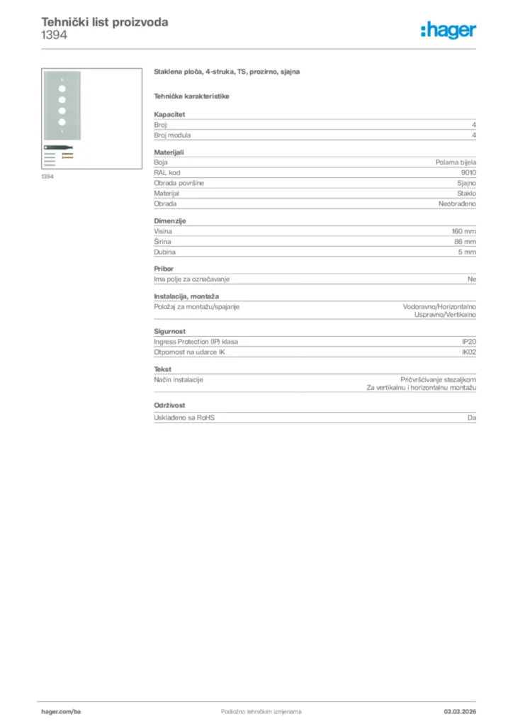 Slika Hager Tehnički list proizvoda 1394  | Hager