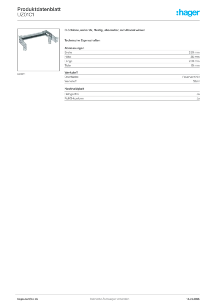 Bild Hager Produktdatenblatt UZ01C1 | Hager Schweiz