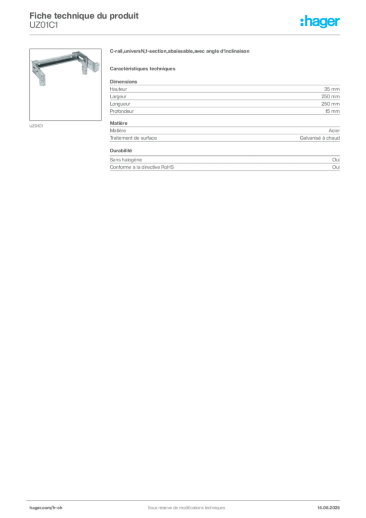 Image Hager Fiche technique du produit UZ01C1 | Hager Suisse