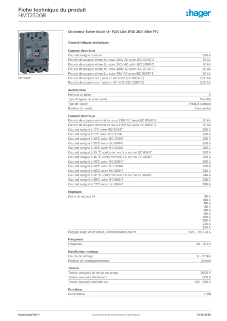 Image Hager Fiche technique du produit HMT250GR | Hager Afrique