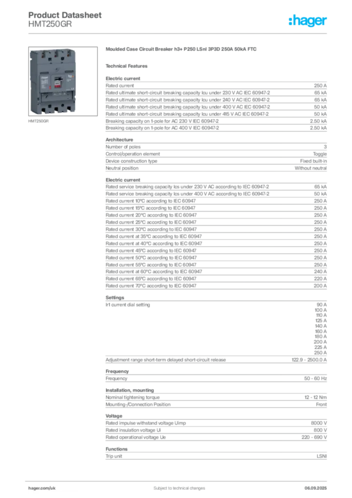 Image Hager Product data sheet HMT250GR  | Hager