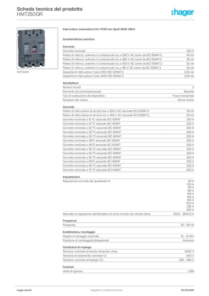 Immagine Hager Scheda tecnica del prodotto HMT250GR | Hager Italia