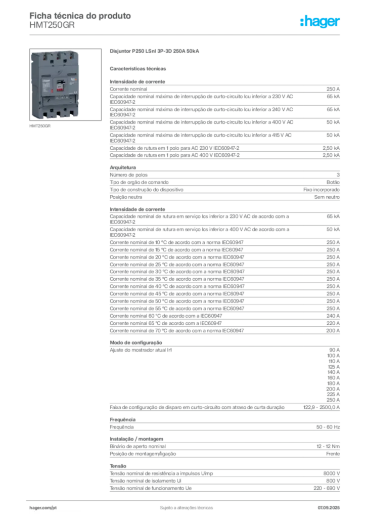 Imagem Hager Ficha técnica do produto HMT250GR | Hager Portugal