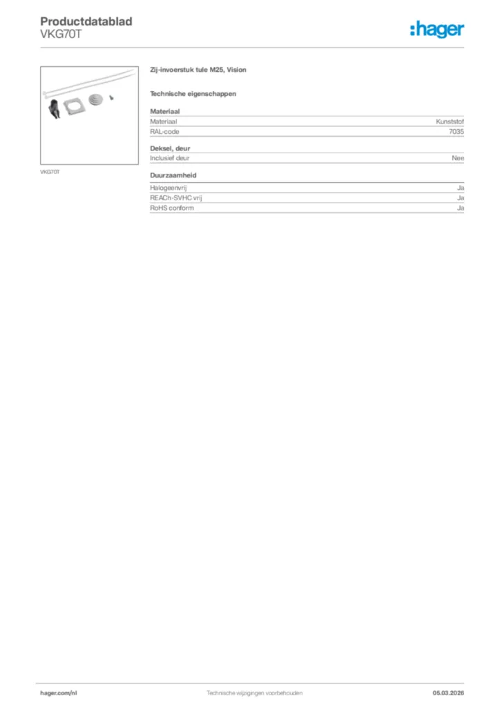 Afbeelding Hager Productdatablad VKG70T | Hager Nederland