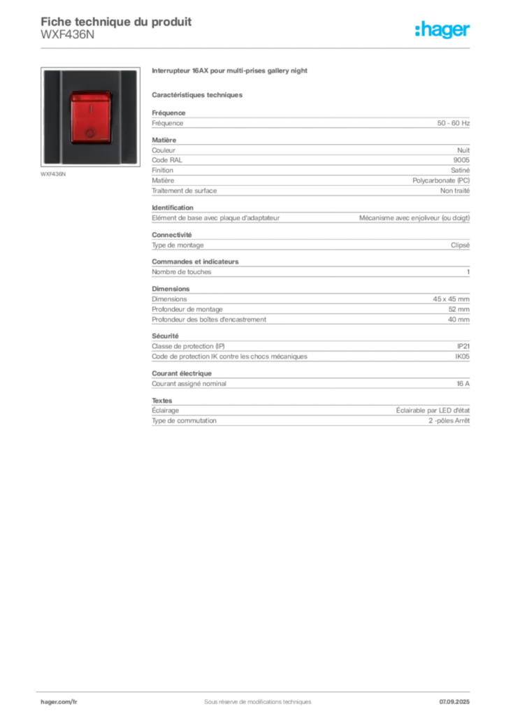 Image Hager Fiche technique du produit WXF436N | Hager France