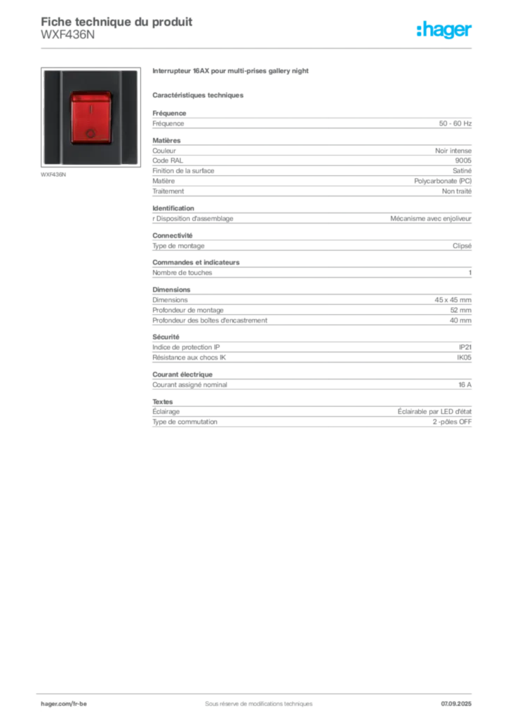 Image Hager Fiche technique du produit WXF436N | Hager Belgique