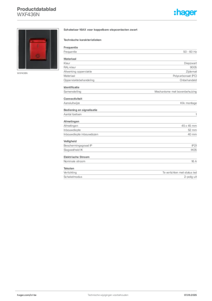 Afbeelding Hager Productdatablad WXF436N | Hager Belgium