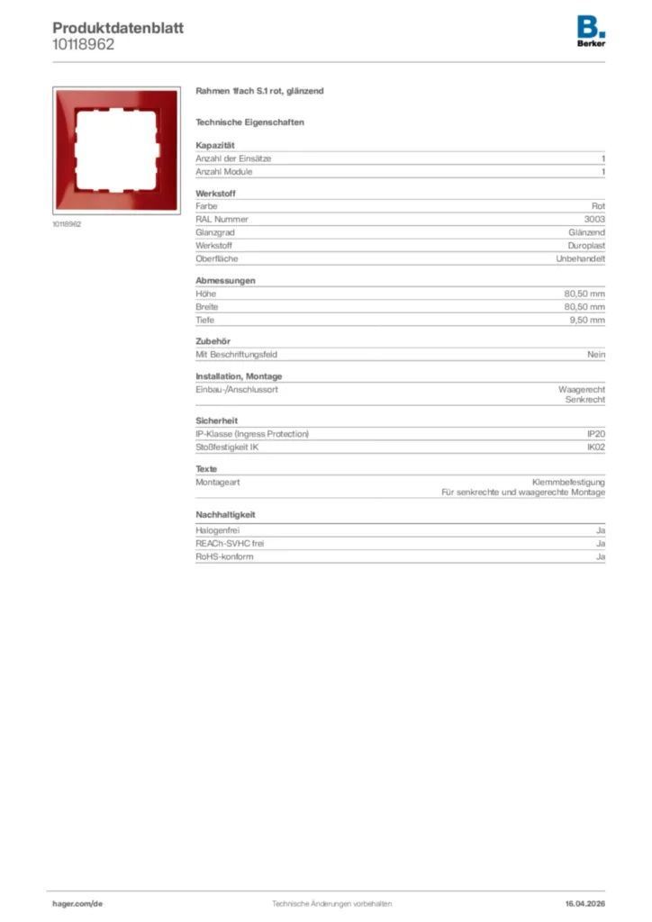 Bild Berker Produktdatenblatt 10118962 | Hager Deutschland