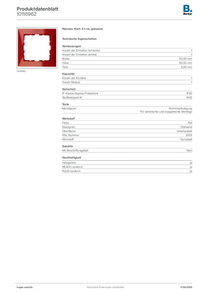 Bild Berker Produktdatenblatt 10118962 | Hager Deutschland