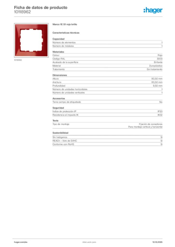 Imagen Hager Ficha de datos de producto 10118962 | Hager España