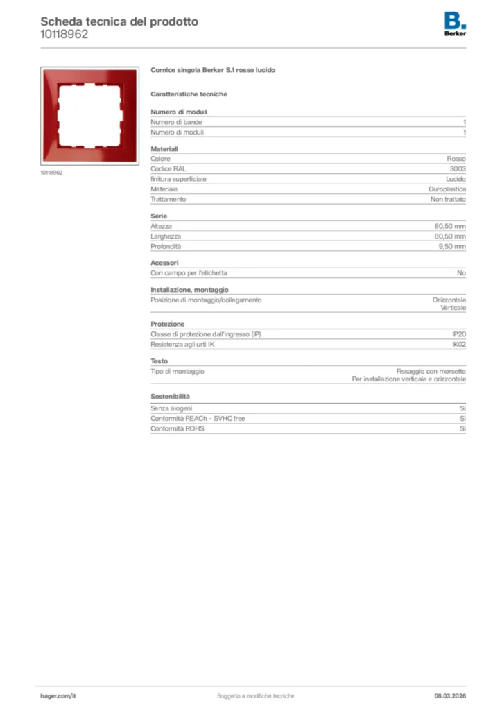 Immagine Berker Scheda tecnica del prodotto 10118962 | Hager Italia