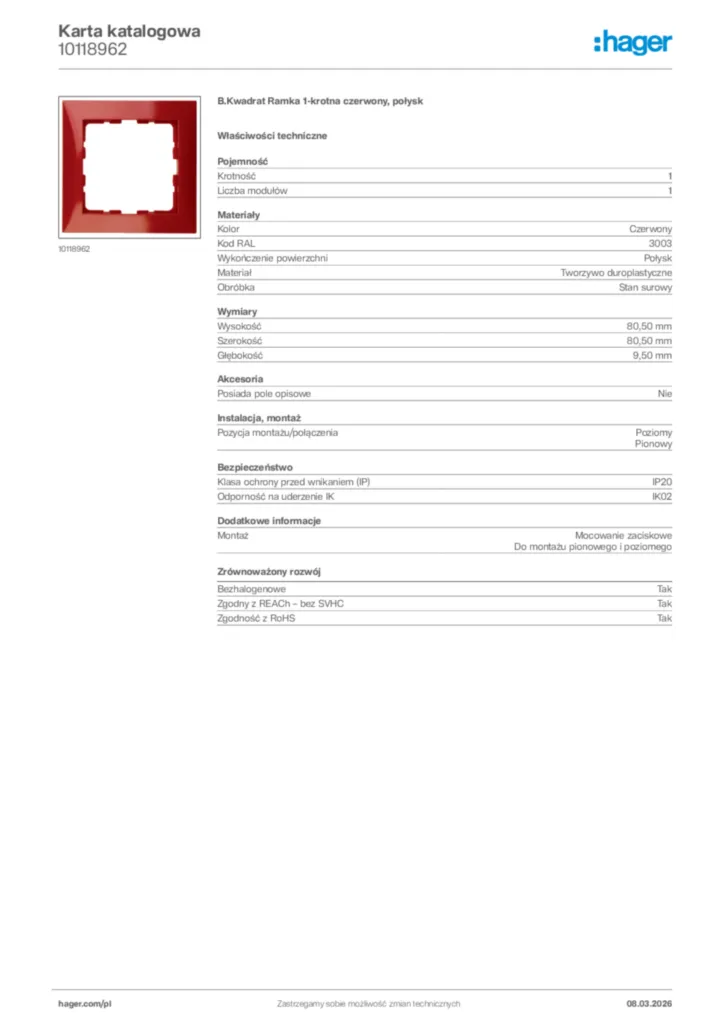 Zdjęcie Hager Karta katalogowa 10118962 | Hager Polska