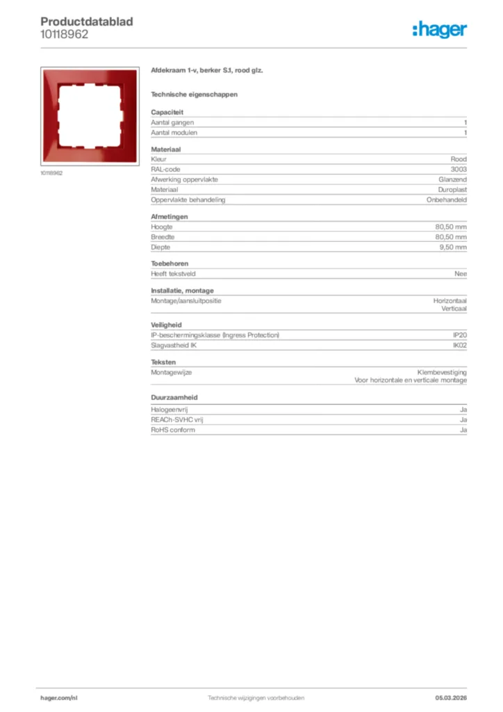 Afbeelding Hager Productdatablad 10118962 | Hager Nederland