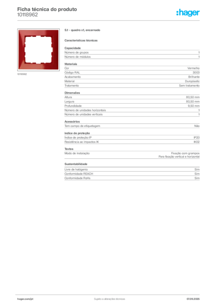 Imagem Hager Ficha técnica do produto 10118962 | Hager Portugal