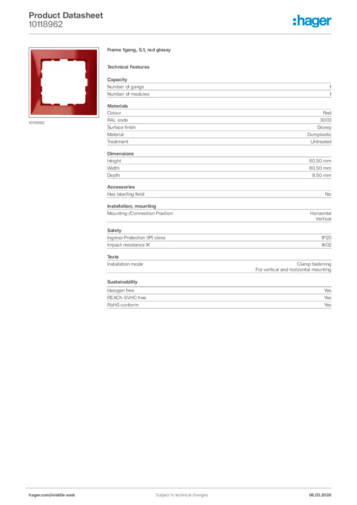 Image Hager Product data sheet 10118962  | Hager
