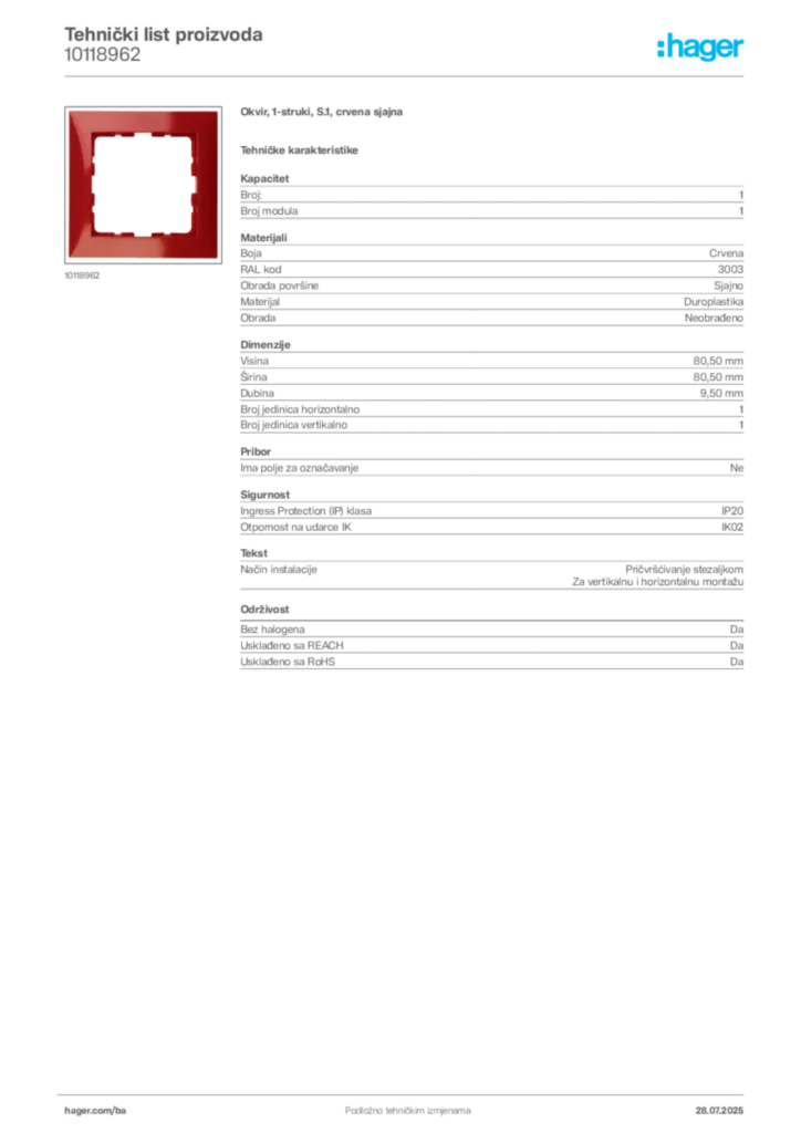 Slika Hager Product data sheet 10118962  | Hager