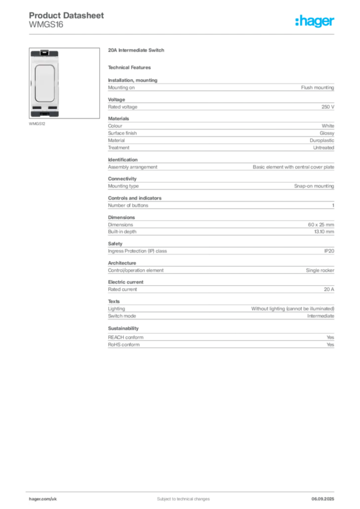 Image Hager Product data sheet WMGS16  | Hager