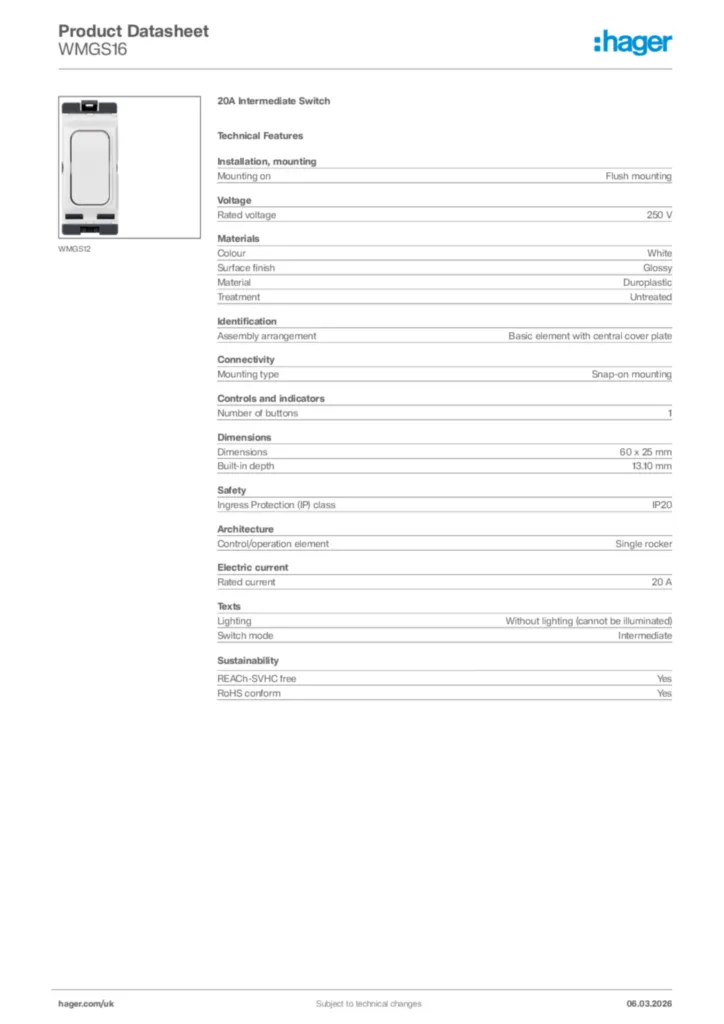 Image Hager Product data sheet WMGS16  | Hager