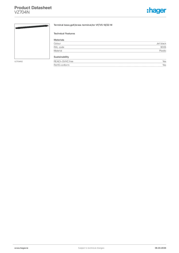 Image Hager Product data sheet VZ704N  | Hager