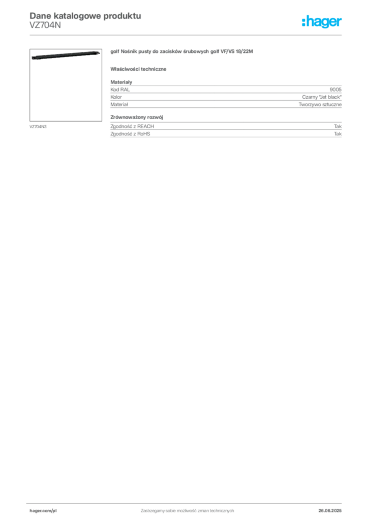 Zdjęcie Hager Karta katalogowa VZ704N | Hager Polska