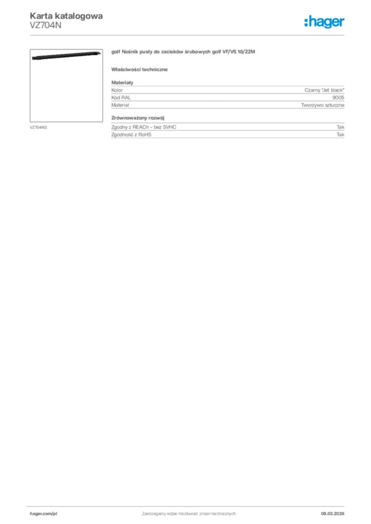 Zdjęcie Hager Karta katalogowa VZ704N | Hager Polska