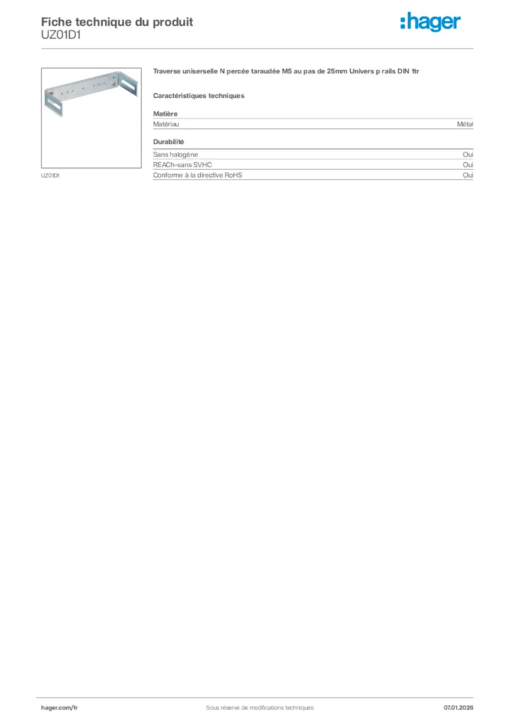 Image Hager Fiche technique du produit UZ01D1 | Hager France