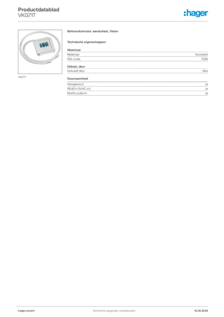 Afbeelding Hager Productdatablad VKG71T | Hager Nederland