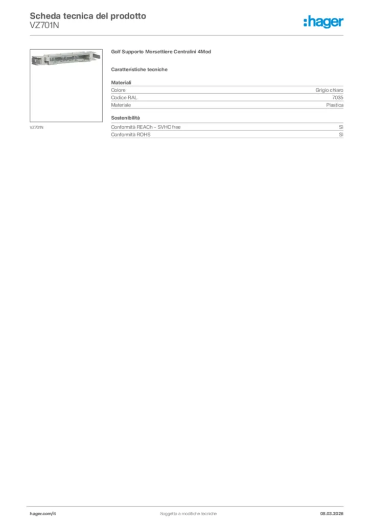 Immagine Hager Scheda tecnica del prodotto VZ701N | Hager Italia