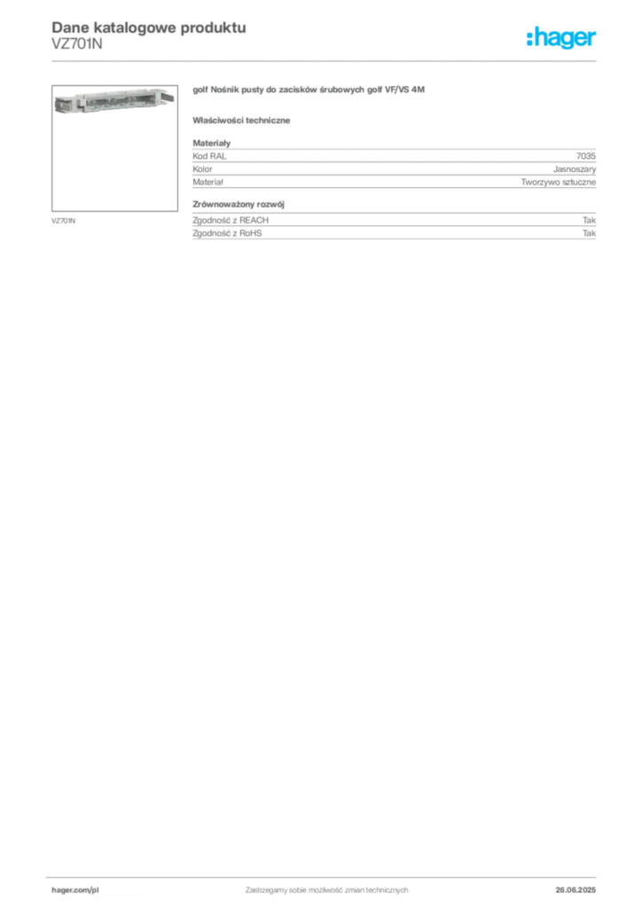 Zdjęcie Hager Karta katalogowa VZ701N | Hager Polska