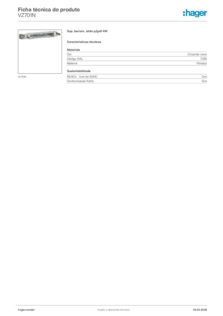 Imagem Hager Ficha técnica do produto VZ701N | Hager Portugal