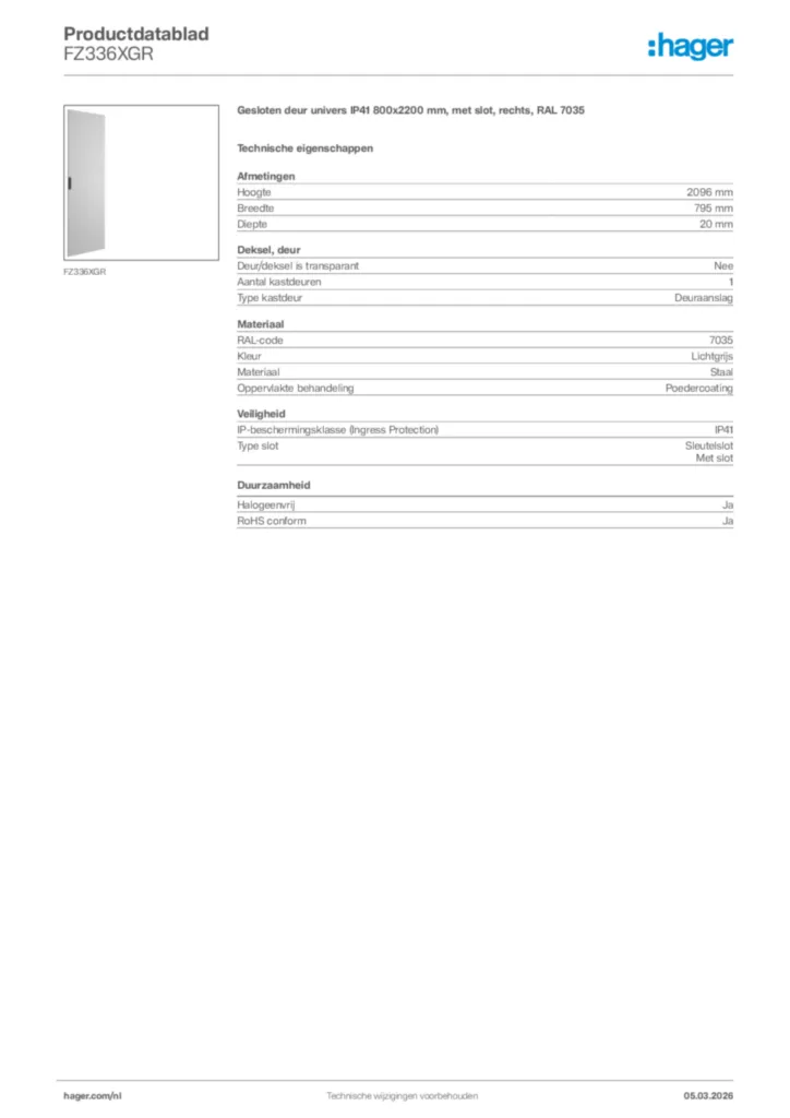 Afbeelding Hager Productdatablad FZ336XGR | Hager Nederland