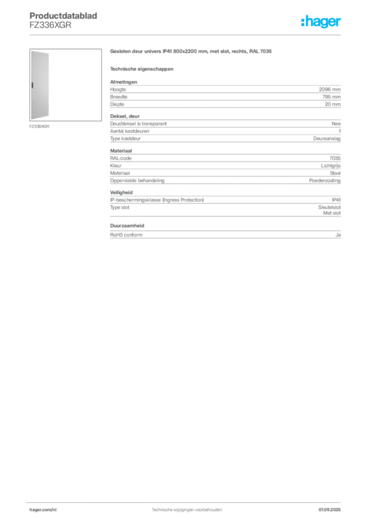 Afbeelding Hager Productdatablad FZ336XGR | Hager Nederland