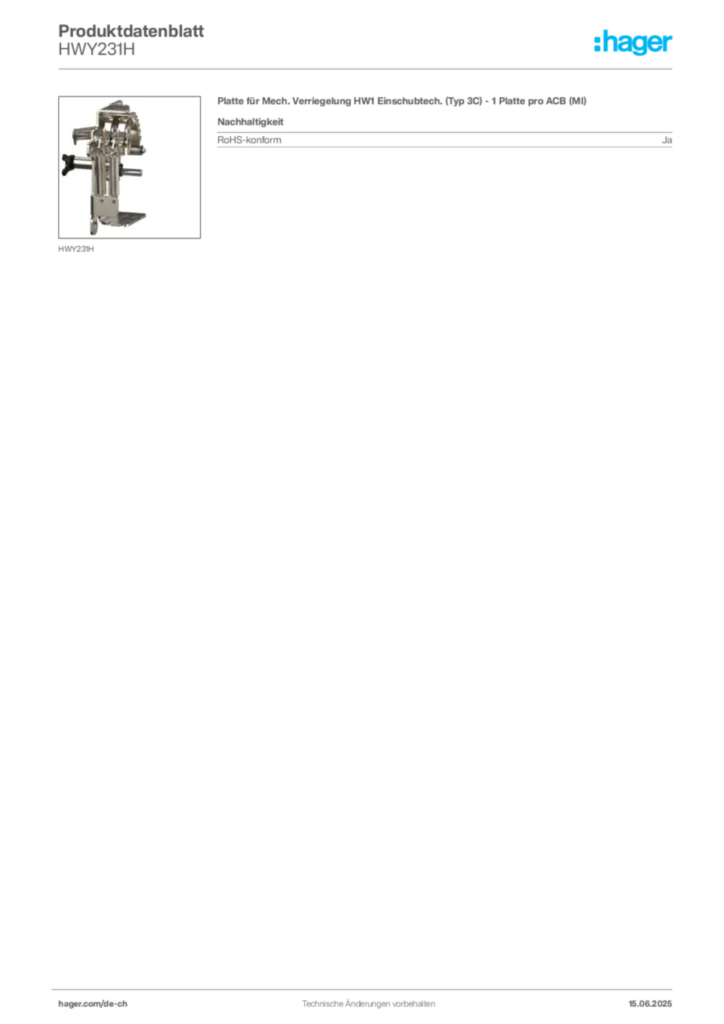 Bild Hager Produktdatenblatt HWY231H | Hager Schweiz