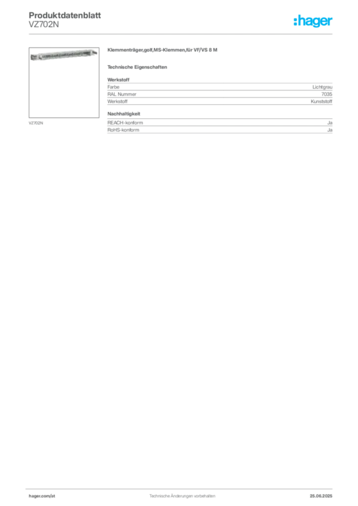 Bild Hager Produktdatenblatt VZ702N | Hager Deutschland