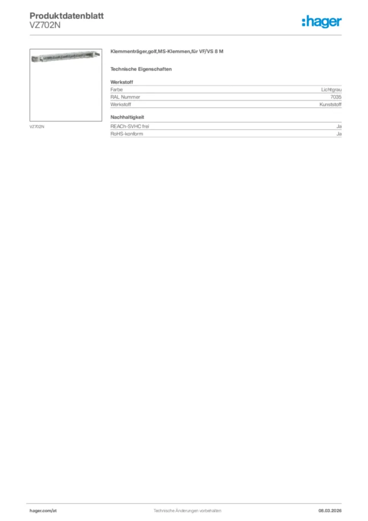 Bild Hager Produktdatenblatt VZ702N | Hager Deutschland