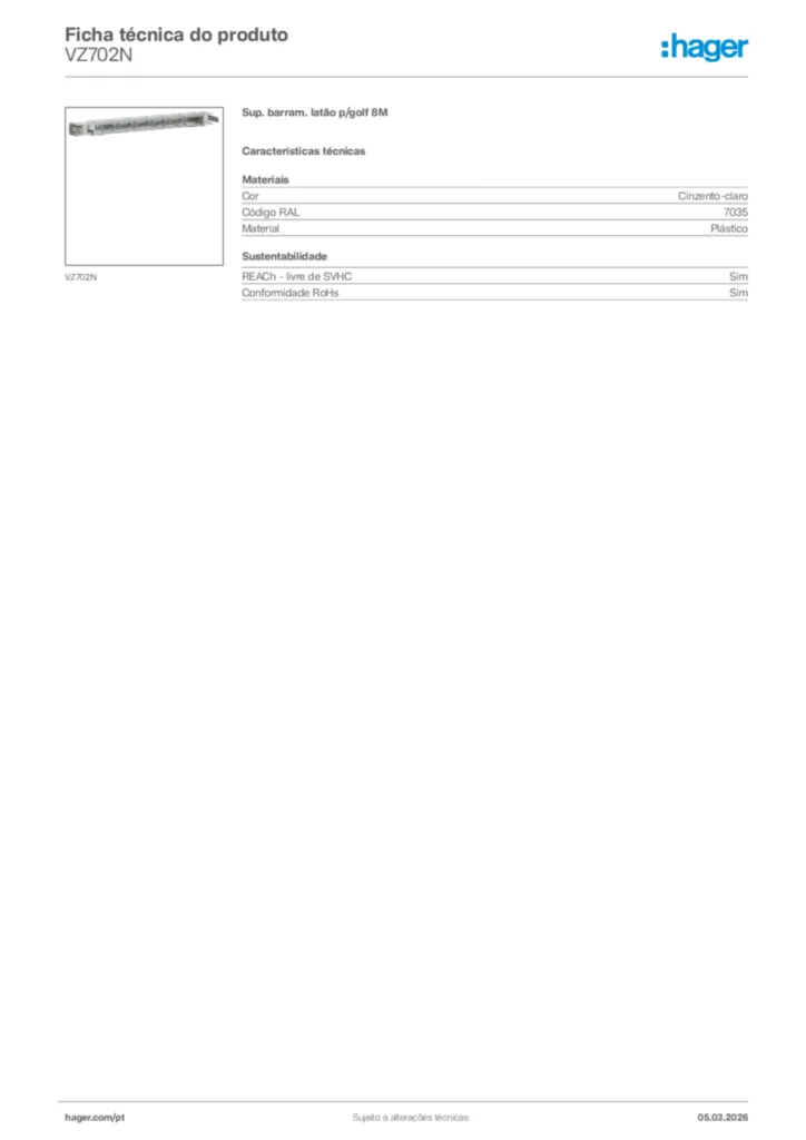 Imagem Hager Ficha técnica do produto VZ702N | Hager Portugal