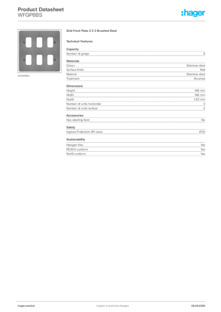 Image Hager Product data sheet WFGP6BS  | Hager