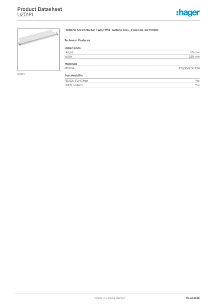 Image Hager Product data sheet UZ01F1  | Hager Africa
